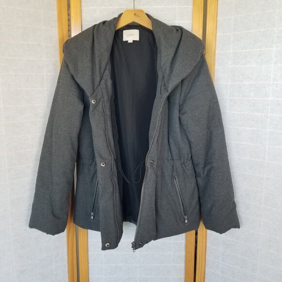 Gray Puffer Winter Coat Size Medium Short Flannel Zip and Snap Cinched Waist - Picture 6 of 12